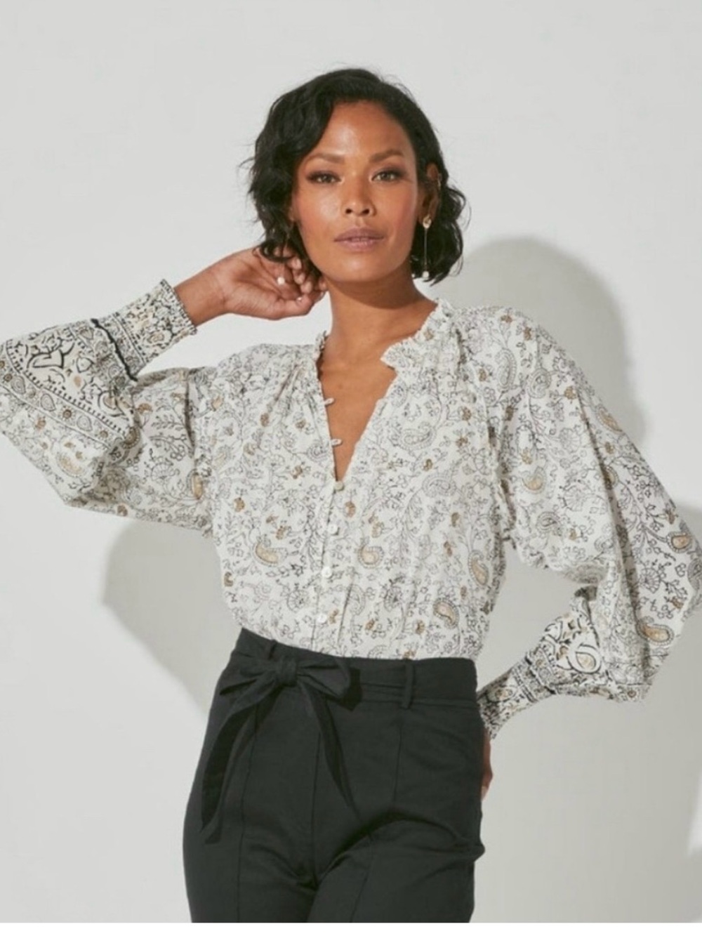 Cleobella White Paisley V-Neck Blouse with Tan Accents